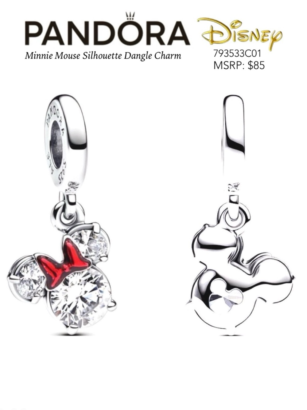PANDORA Disney Minnie Mouse Silhouette Dangle Charm w/box